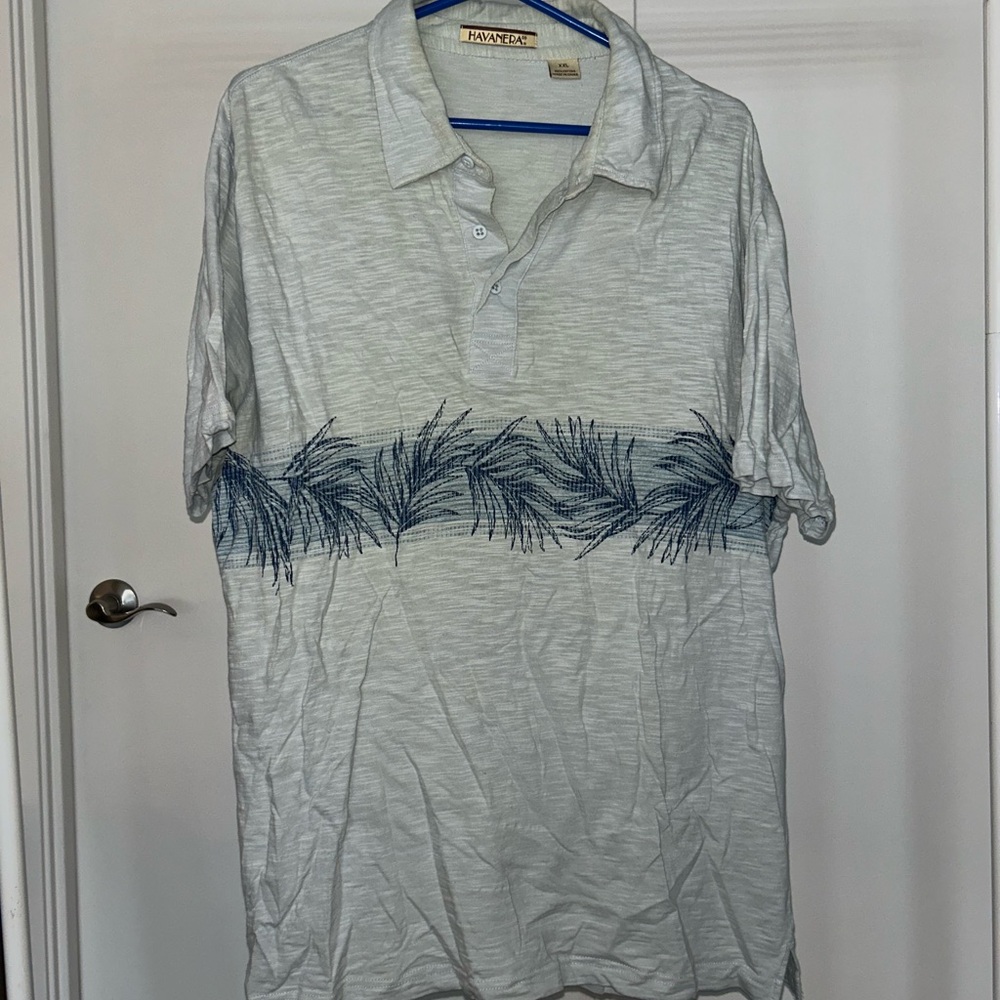 Gray Polo Shirt with Blue Palm Tree Design